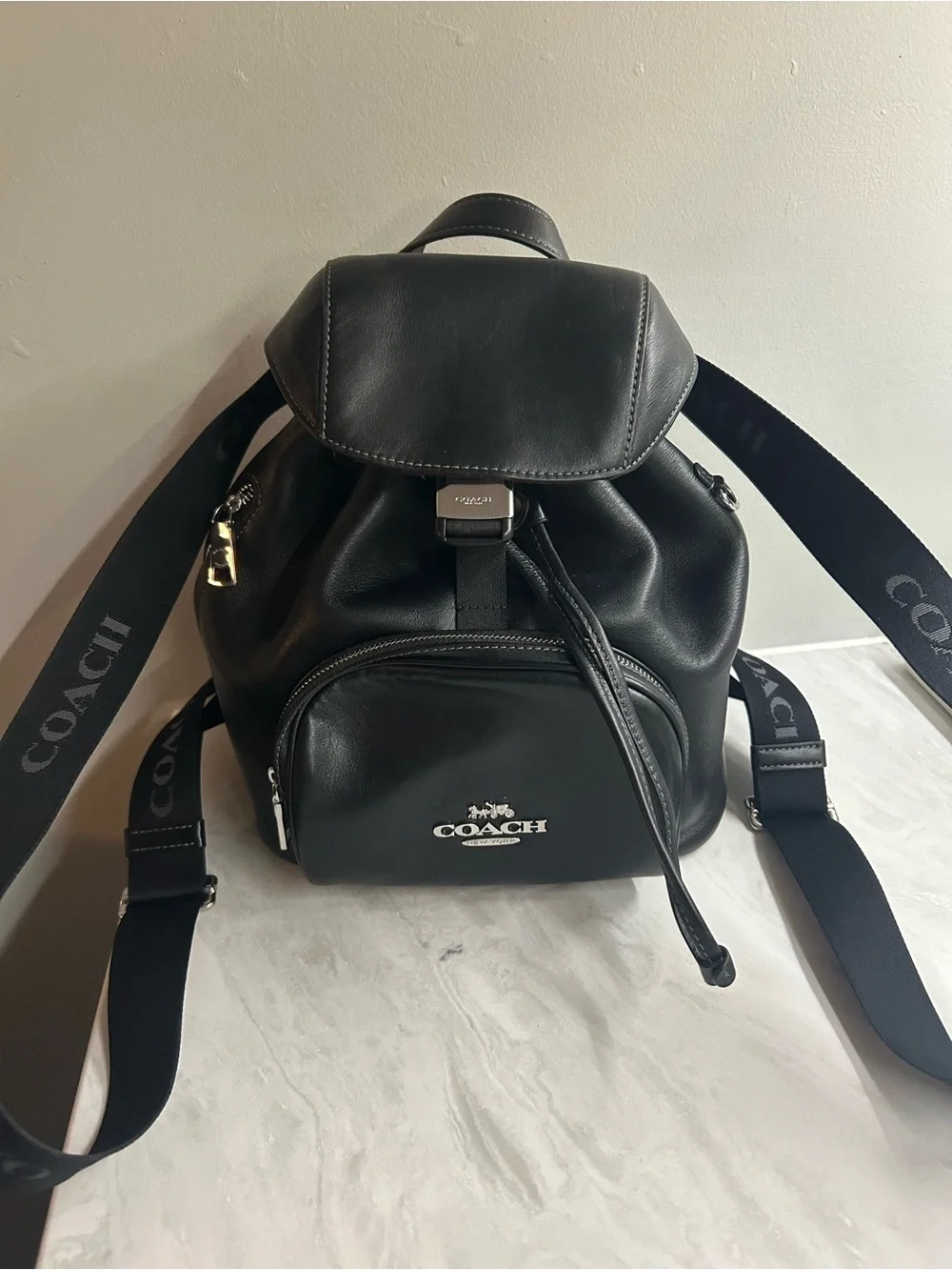 Coach Black Leather Logo Drawstring Backpack - Picture 1 of 12
